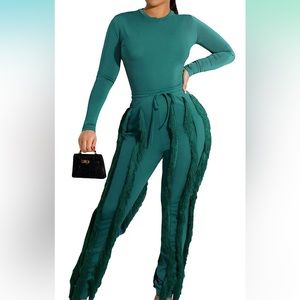 Women's 2 Piece Outfit Long Sleeve Tank Top and Fringe Long Pants